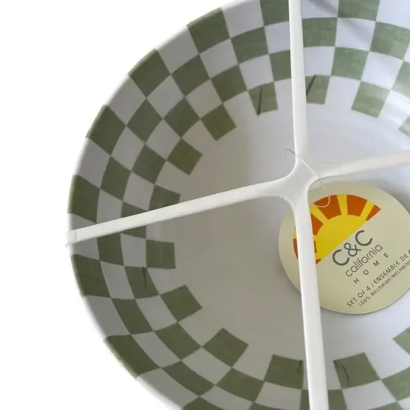 C&C CALIFORNIA HOME Checkered Sage Green White Melamine 8" Salad Bowl Set of 4